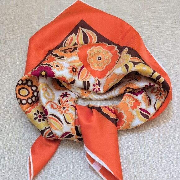 Vintage MCM Square Floral Orange and Brown Scarf - Picture 8 of 10